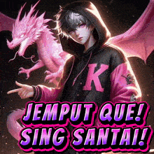 a boy in a pink jacket with the letter k on it is pointing at a pink dragon