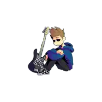 a boy in a blue hoodie sits next to a black and white checkered guitar