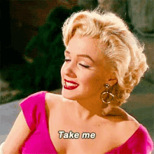 a woman in a pink dress is smiling and saying " take me "