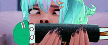 a girl with long nails is holding a sushi roll with a green hat that says ' spongebob ' on it