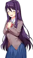 a girl with long purple hair is wearing a grey jacket and a blue skirt