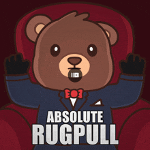 a teddy bear is sitting in a red chair with the words absolute rugpull on the bottom