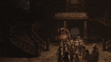 a group of people standing in front of a statue that says ' evil '