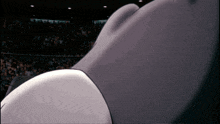 a close up of a person 's torso with a crowd behind them