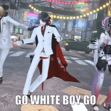 a man in a white suit with a red cape is dancing on a street with the words go white boy go below him
