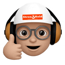 a cartoon character wearing headphones and a hard hat that says stron & hold on it