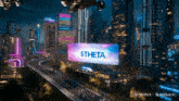 a futuristic city with a large billboard that says $ theta