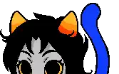 a pixel art drawing of a cat with a blue tail