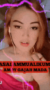 a woman wearing ear buds is surrounded by purple lightning and the words asal ammualikum