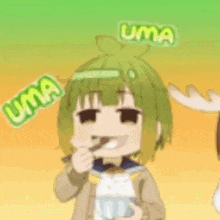 a girl with green hair is eating a spoonful of food with the word uma above her head .