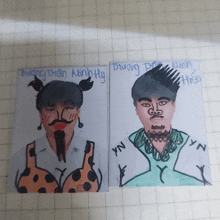 two drawings of a man with a beard and a girl with pigtails are on a grid paper