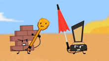 a cartoon drawing of a pencil shooting a flame at a brick
