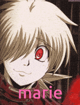 a close up of a anime character with the name marie written in pink