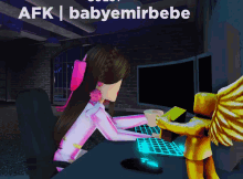 a cartoon of a girl sitting at a desk with a cup of coffee and the words afk babyomirbebe on the bottom