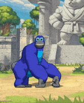 a blue gorilla is dancing in front of a statue of a panda