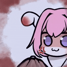 a cartoon girl with pink hair and purple eyes is wearing a mask on her face .