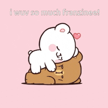 a cartoon of a white bear hugging a brown bear on a pink background