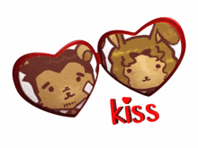 two hearts with a monkey and a rabbit on them and the word kiss below them