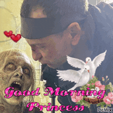 a picture of a man kissing a zombie with the words good morning princess on it