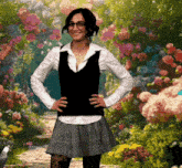a woman wearing glasses and a plaid skirt stands in a garden