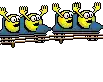 a group of cartoon characters are riding a roller coaster and waving their hands .