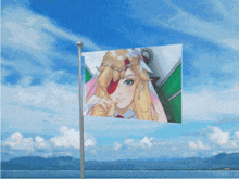 a flag with a picture of a girl on it flies in the wind