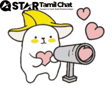 a star tamil chat logo with a cartoon character holding hearts