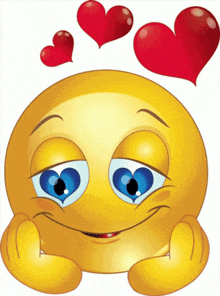a yellow smiley face with blue eyes and red hearts around it
