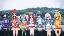 a group of anime girls are sitting on a wall with one wearing a shirt that says " peace "