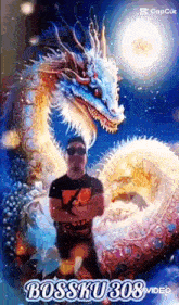a man is kneeling in front of a dragon with the caption bossku308 video