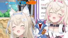 two anime girls are standing next to each other with a tom and jerry sticker in front of them