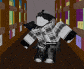 a black and white drawing of a roblox character standing in a library