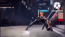 a person in a futuristic suit is doing a handstand on the ground .