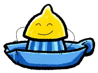 a cartoon drawing of a lemon being squeezed into a blue bowl