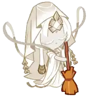 a cartoon character is holding a broom and wearing a white dress
