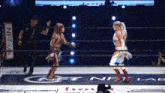 two women wrestling in a ring with a sign that says net lab on it