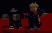 two roblox characters are standing on a red surface