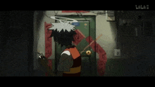 a cartoon character with a halo on his head is standing in front of a door