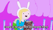 a cartoon of finn from adventure time holding a book and saying i want to be your best and closest friend