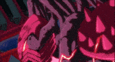 a close up of a robot with red eyes
