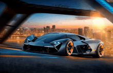 a futuristic sports car is driving down a city street