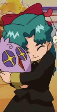 a girl with blue hair is hugging a purple cartoon character