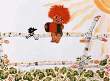 a cartoon of a boy playing an accordion with a bird nearby