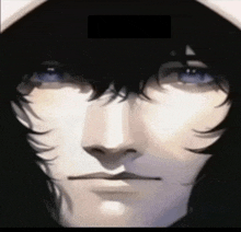 a close up of a person 's face with blue eyes and a white hat