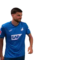a man is wearing a blue shirt with the word sap on it