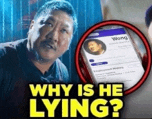 a man is standing next to a cell phone with the words why is he lying written on it .