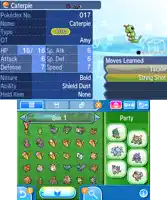 a screenshot of a pokemon game with caterpie on the top left