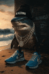 a shark wearing a beanie that says blazzord