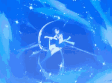 a blue background with a person holding a bow