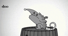 a cartoon opossum is sitting on top of a wooden barrel and the word doo is above it